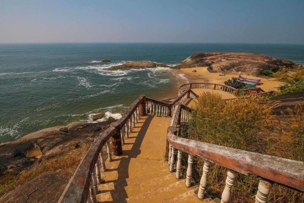 Aerial view of Mangalore coastline with pathway and beach