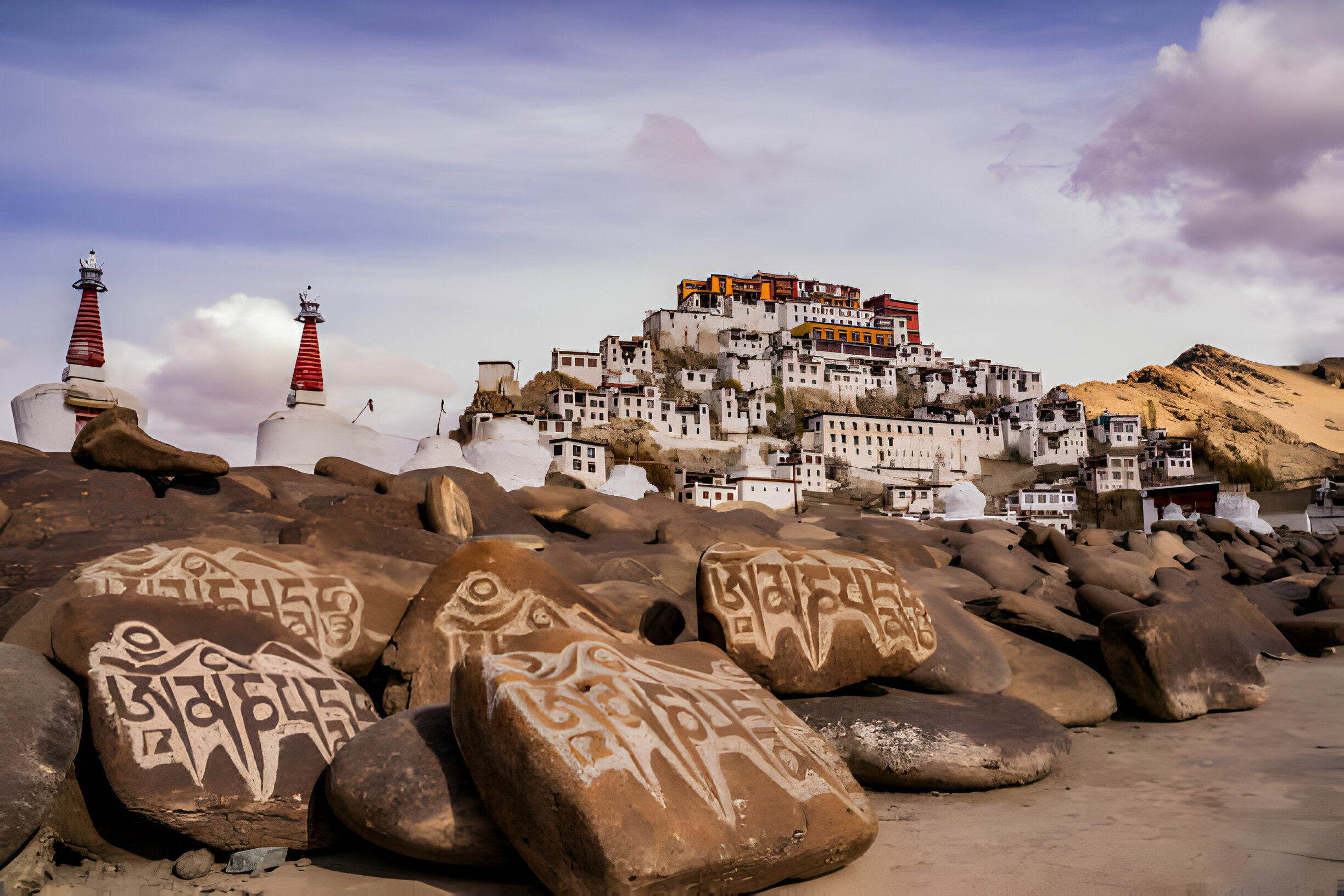Temple on a rocky hill with traditional inscriptions and lighthouses near Visakhapatnam, Andhra Pradesh