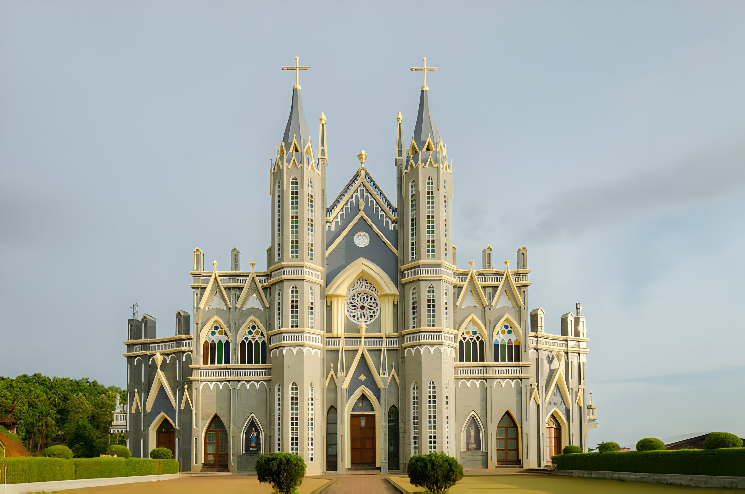 Beautiful cathedral-style church with pointed spires in Mangalore