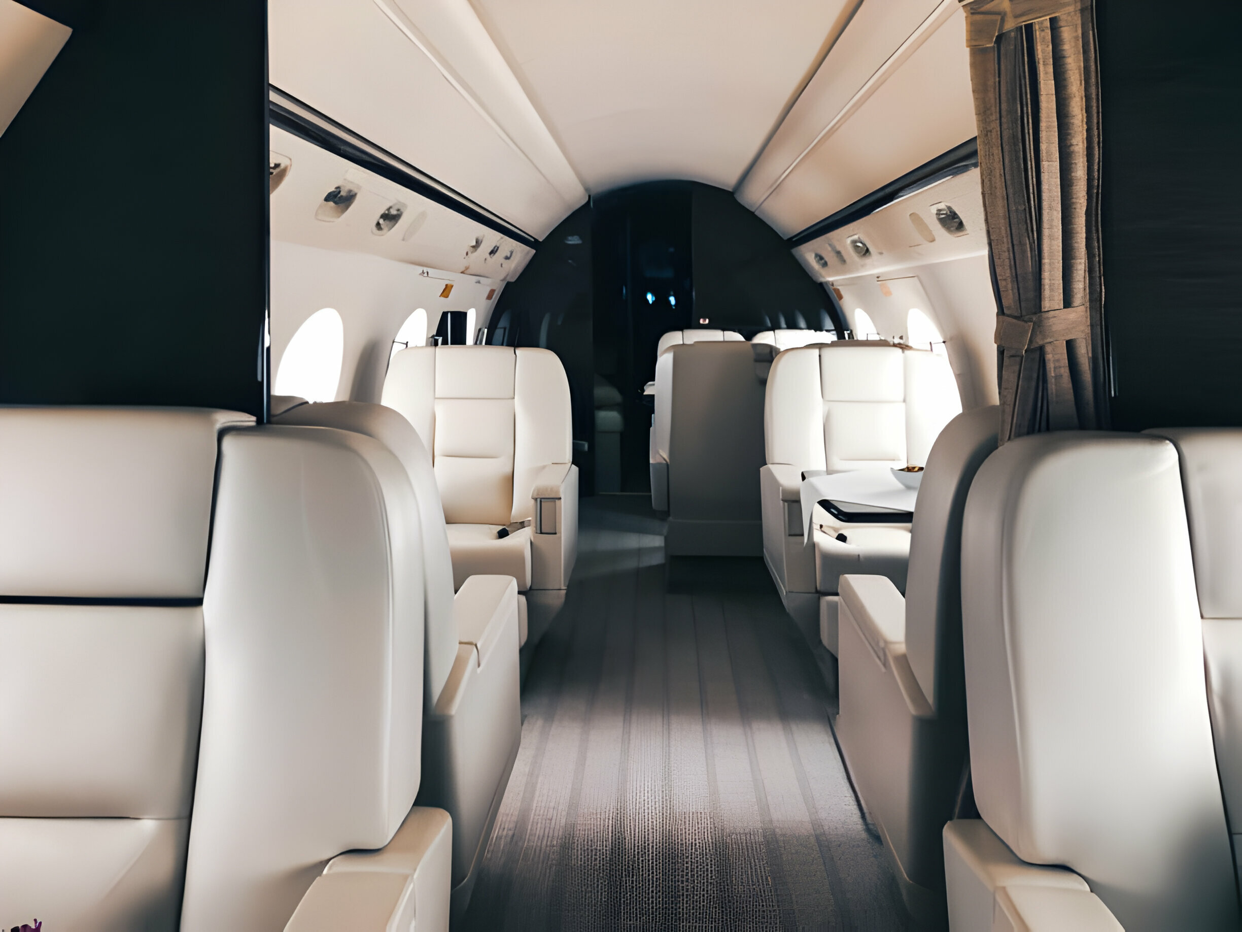 Luxurious interior of a 10-seater private jet featuring plush leather seats and spacious cabin design for optimal comfort