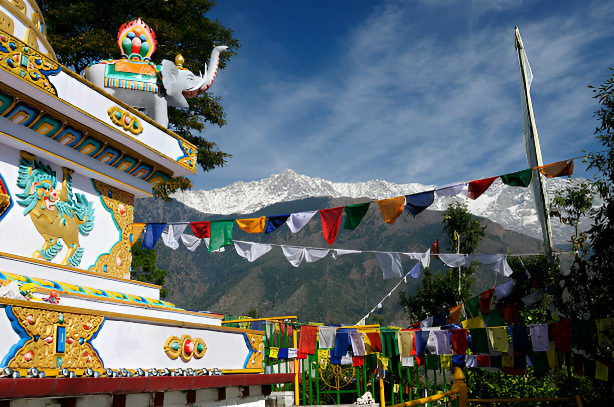 Prayer flags and wheels in Dharamshala with Himalayan backdrop – FLY AVCARE private jet destination