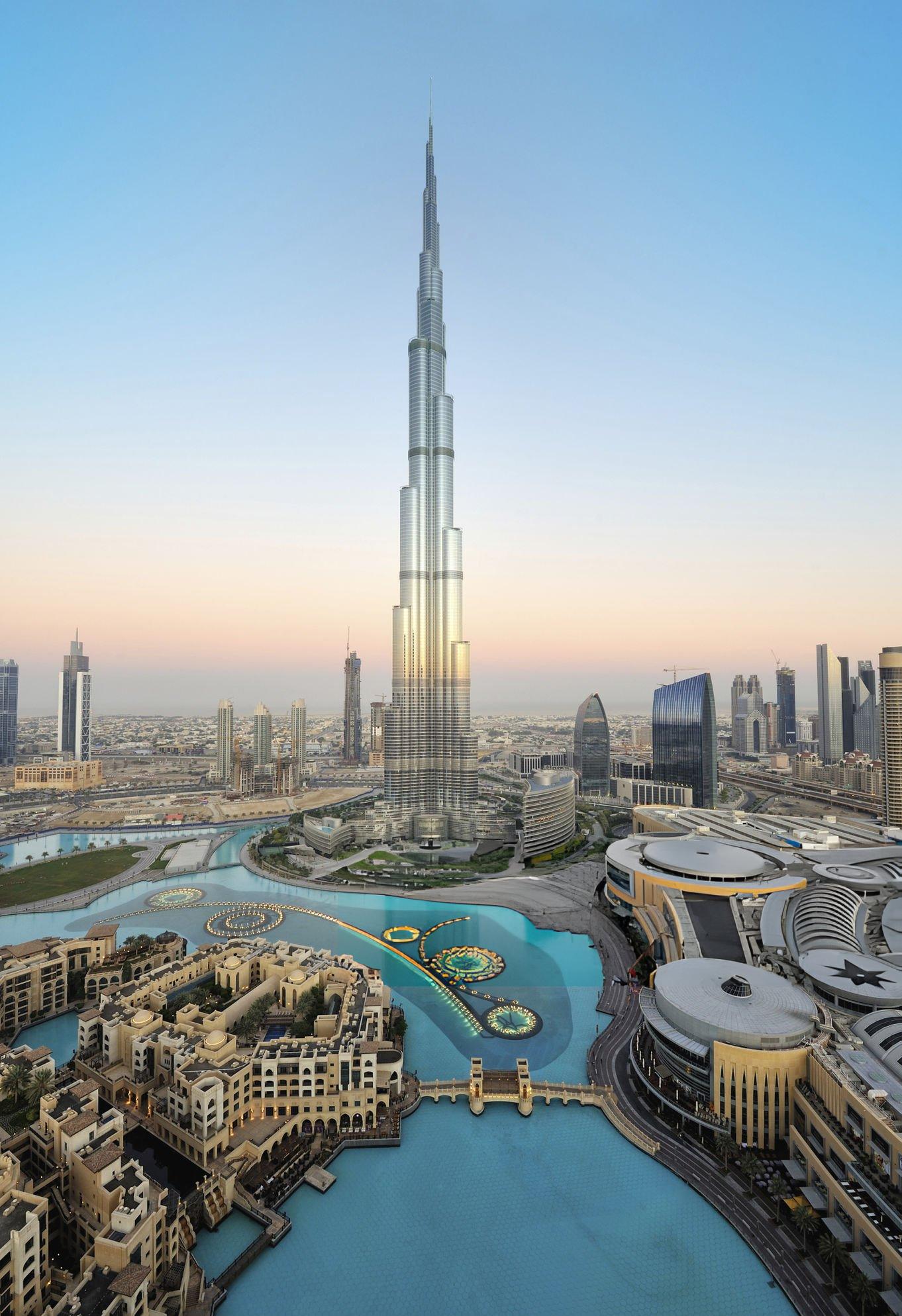 Panoramic view of Burj Khalifa in Dubai showcasing luxury private jet rental services by FLY AVCARE