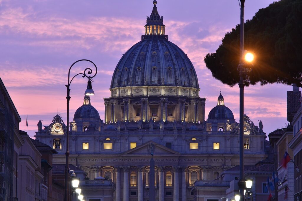 Twilight view of St. Peter’s Basilica dome in Vatican City, Rome