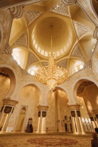 Interior of Sheikh Zayed Grand Mosque with golden chandelier