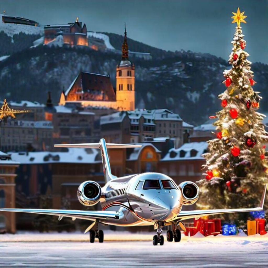 Luxury private jet on snowy runway near Christmas tree with gifts