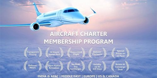 Aircraft charter membership program image with private jet and global service regions