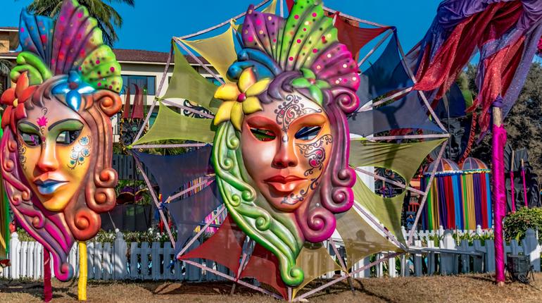 Colorful Goa Carnival masks and decorations – private jet rental to Goa with FLY AVCARE