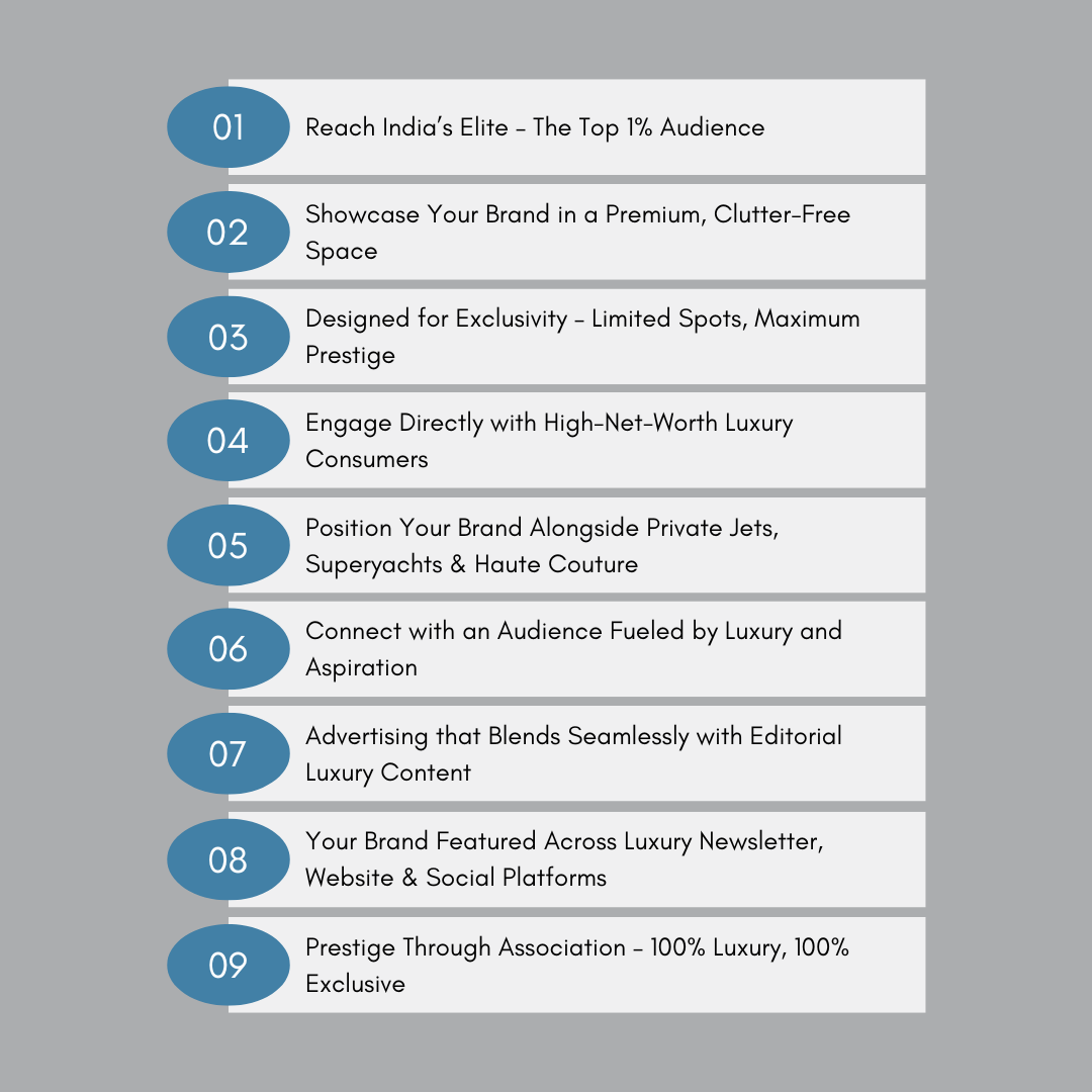 Luxury brand marketing benefits including direct access to HNIs & UHNIs, exclusive environment, multi-channel exposure, storytelling approach, event-based engagement, premium brand alignment, and tailored campaigns