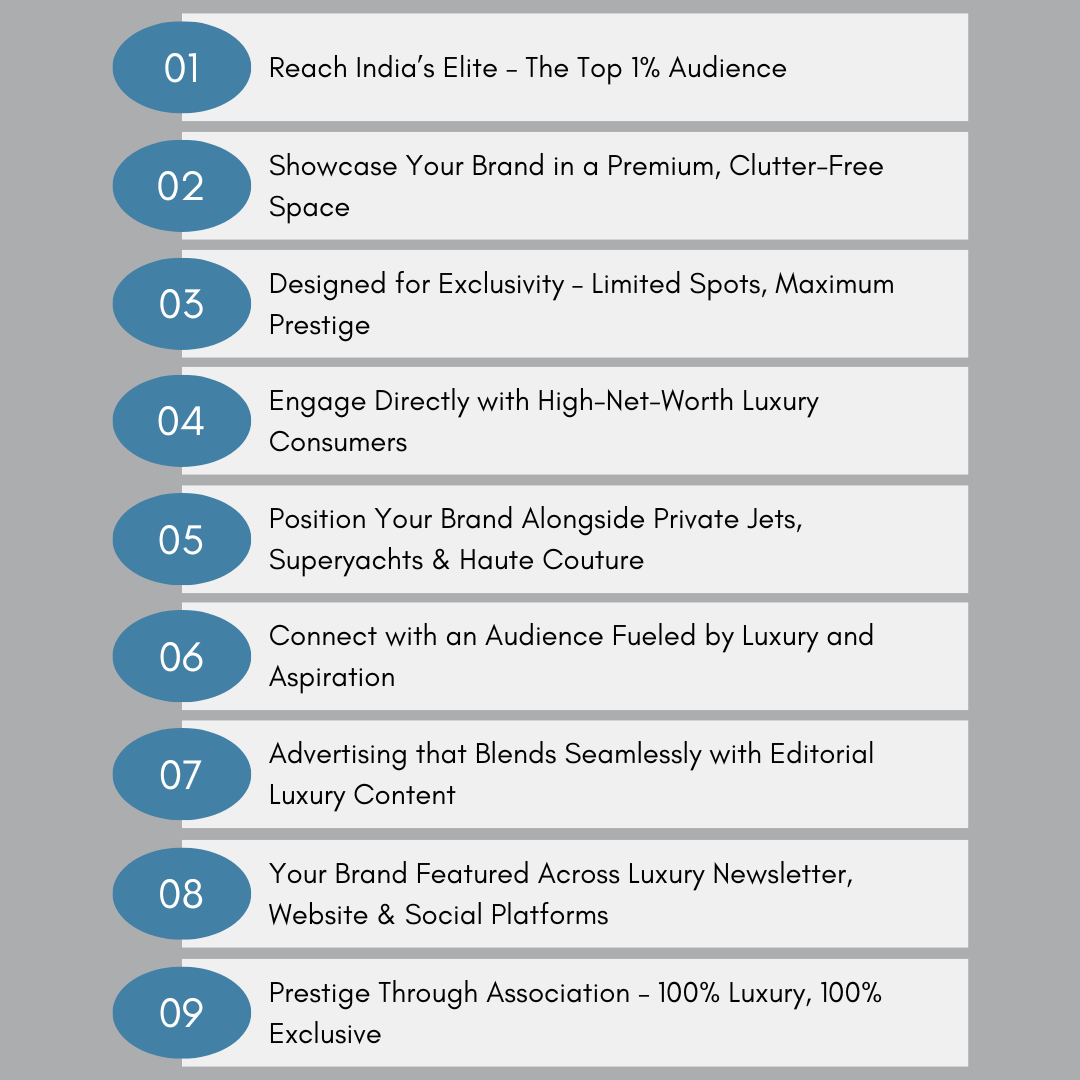 Luxury brand marketing benefits including direct access to HNIs & UHNIs, exclusive environment, multi-channel exposure, storytelling approach, event-based engagement, premium brand alignment, and tailored campaigns