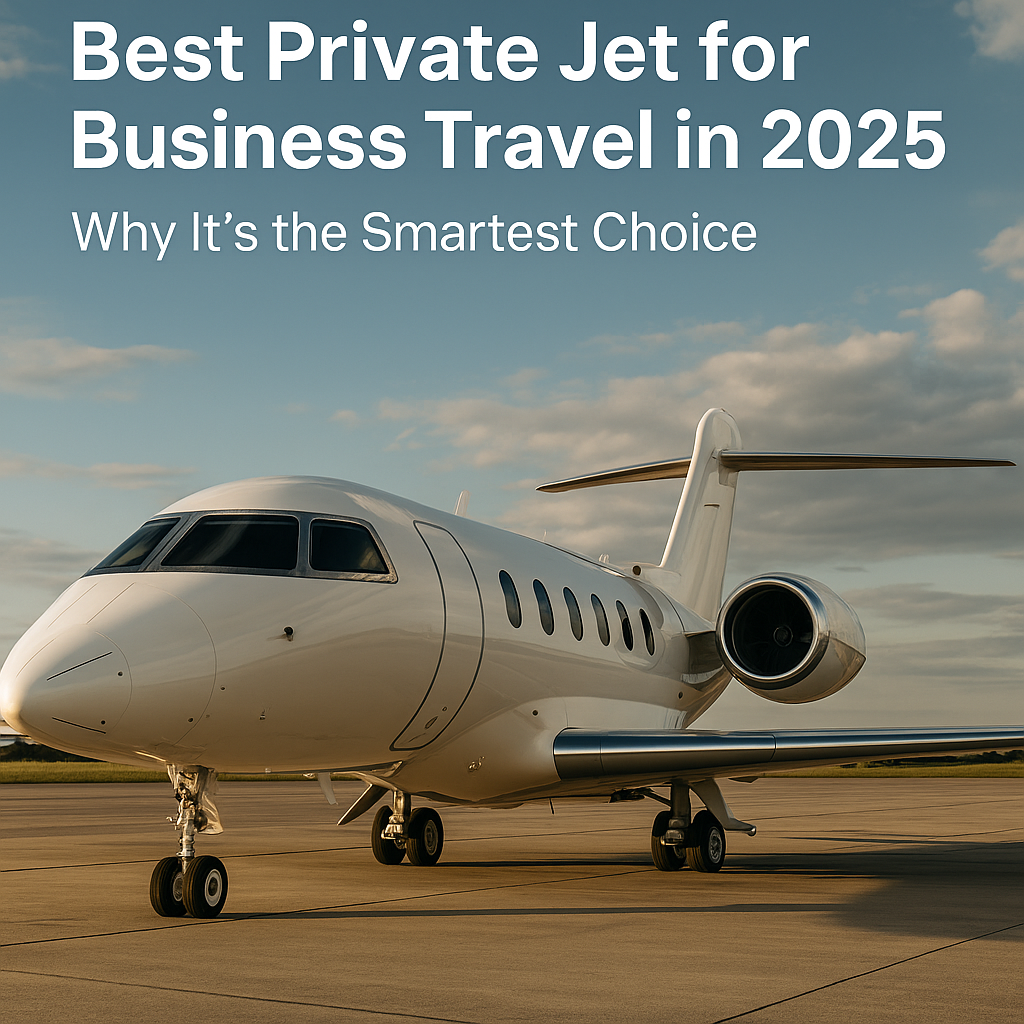 Modern private jet on runway under golden sky – ideal for business travel in 2025