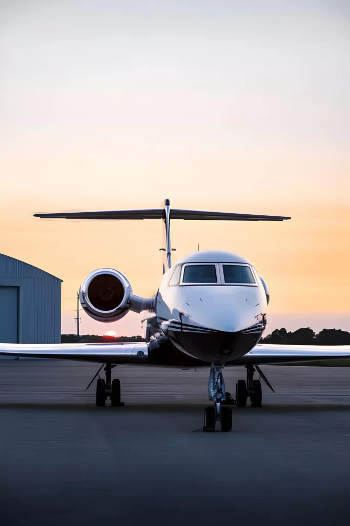 Front view of a white Gulfstream G650 private jet on airport tarmac under partly cloudy blue skies, with twin engines, sleek fuselage, and landing gear visible
