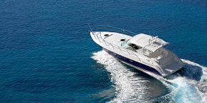 High-speed boat cutting through ocean waves